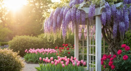 Wisteria drapes archway in serene garden; soft sunlight, vibrant flowers bloom