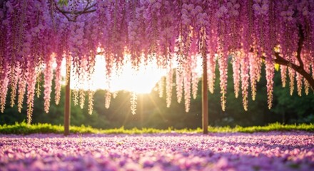 Wisteria canopy with sunburst on ground covered in petals