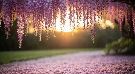 Wisteria hangs, sun sets. Soft ground is covered by petals