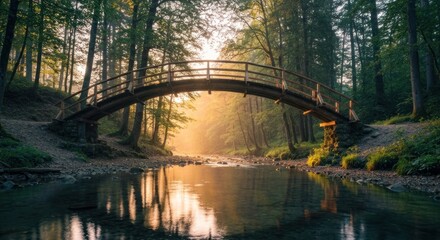 Wooden bridge arches over a tranquil river amidst a lush, sun-drenched forest