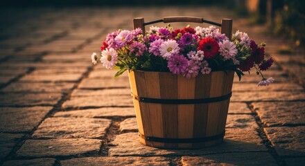 Wooden bucket overflowing with colorful flowers sits on a stone path