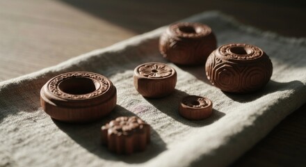 Wooden decorative objects with carved details on neutral fabric, soft light