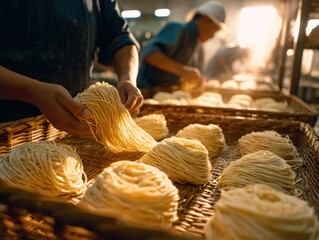 Asian noodle manufacturing facility with traditional techniques integrated into modern production, workers hand-checking quality of fresh pasta. Authentic ethnic food and cultural culinary traditions.
