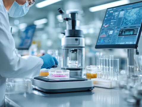 Food safety laboratory with technician using advanced testing equipment to analyze samples and digital displays. Quality metrics. Food science research and quality assurance compliance inspection.