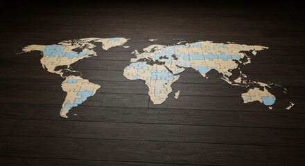 Wooden floor map puzzle, continents outlined, some ocean sections are filled