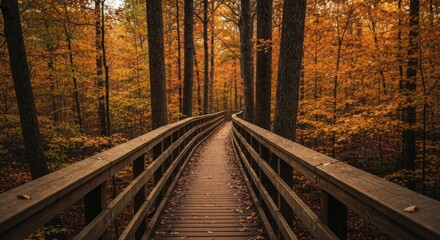 Wooden path winding through autumnal forest, bright orange and brown foliage