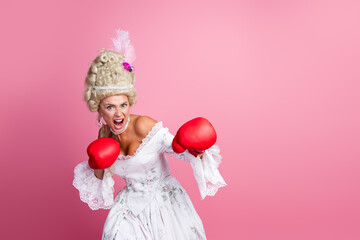 A unique depiction of a noblewoman in a historical costume with boxing gloves against a pink...