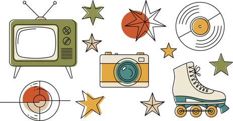 Colorful hand-drawn retro doodle illustration set featuring vintage TV, analog camera, roller skate, vinyl record, and decorative stars. Perfect for nostalgic 80s and 90s design projects.