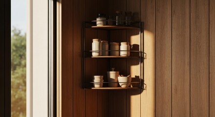 Wooden wall-mounted shelf with jars/containers near a window