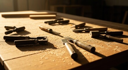 Woodworking tools scattered on a bright, wooden workbench in workshop