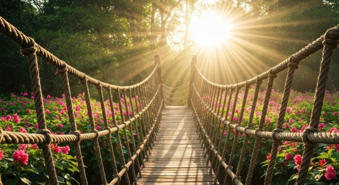 Fototapeta Wooden rope bridge over pink flowers towards bright sunlight through trees