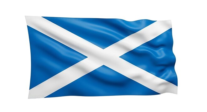 Vibrant scottish flag waving proudly against a pristine white backdrop gracefully unfurling