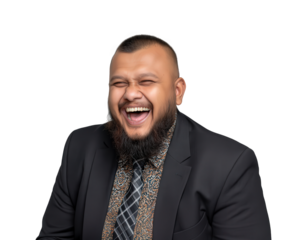 Happy Indian businessman in black suit laughing. joyful adult male shows positive expression of pure joy in this professional portrait, candid moment of amusement
