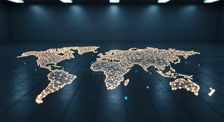 World map formed by glowing nodes and lines on dark floor