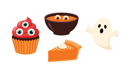 Spooky Halloween treats with cupcake, soup, pie, and ghost illustrations perfect for festive marketing and holiday promotions