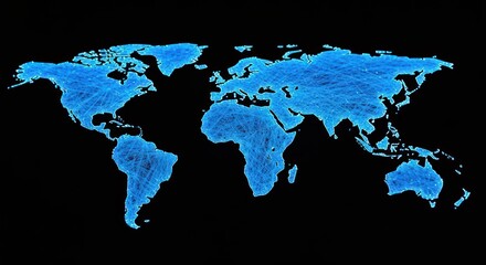 World map outlined in bright blue digital lines, against a stark black background