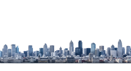 City skyline with modern skyscrapers and buildings on transparent background, urban architecture and cityscape concept.