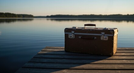 Worn suitcase on wooden dock overlooking tranquil lake at sunrise/sunset