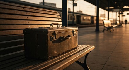 Worn suitcase sits on a bench at a train station at sunset