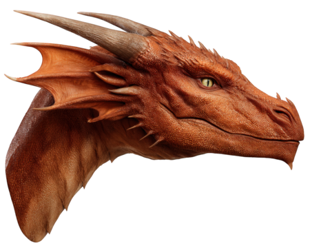 Side profile of fierce red dragon head, powerful mythical fantasy monster. This legendary creature with reptilian features, horn, and scale isolated on transparency background