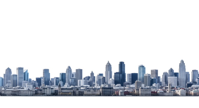 City skyline with modern skyscrapers and buildings on transparent background, urban architecture and cityscape concept.