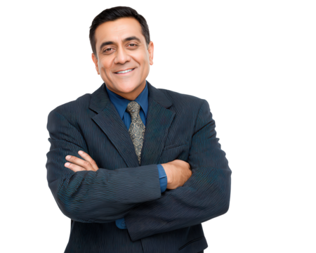 Confident Indian businessman smiling with arms crossed. happy, successful male professional in suit looking at camera. An isolated corporate leader showing success