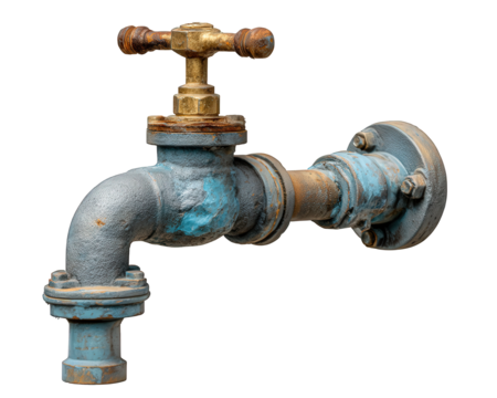 Close up of an old rusty blue faucet on vintage industrial metal pipe. An isolated water fixture evoking sense of forgotten utility and rugged nostalgia