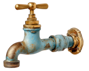Old vintage blue faucet tap and metal pipe with rustic, weathered look. nostalgic isolated object for plumbing or water supply themes, showing its age and history