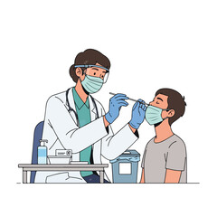 Flat 2D vector illustration of a medical professional administering a nasal swab test to a patient wearing face masks in a clinical setting.