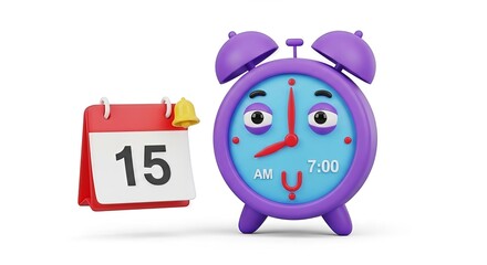 Cartoonish alarm clock with sleepy eyes paired with a calendar on a white background