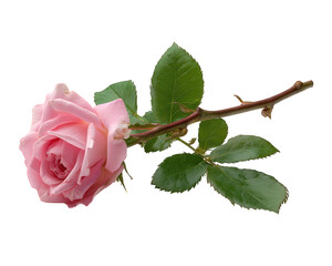 Single pink rose flower with green leaf and stem isolated on transparency background. beautiful floral object symbolizing love, romance, and gentle affection