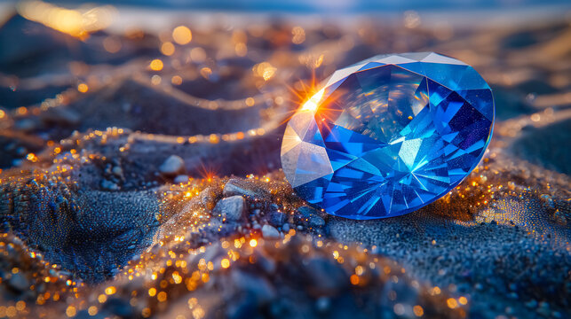Beautiful blue gemstone lying on golden sand illuminated by warm sunlight. Luxury, beauty, and nature concept symbolizing value, rarity, and sparkle.