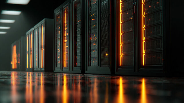 server racks glow in darkness, highlighting futuristic data centers, digital infrastructure, and the energy of modern technology in an immersive, high-tech scene