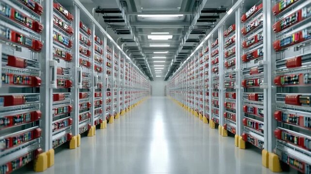 Data Center's Organized Core: A meticulous composition showcasing the ordered array of servers within a vast, state-of-the-art data center.