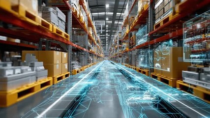 Warehouse of Future: A state-of-the-art warehouse is depicted, with rows of shelves lined with packed boxes, digital projections of logistical data, showing the dynamic flow of inventory. - Powered by Adobe