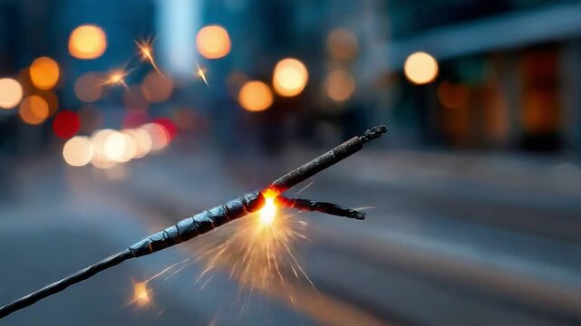 Sparkling Sparkler's Serenade: A lone sparkler's embers dance, painting a vibrant tableau against the backdrop of blurred city lights. A moment of celebration and charm.