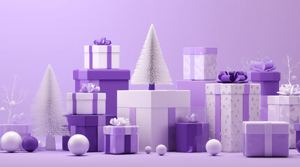 Purple and white 3D Christmas gifts with decorative trees