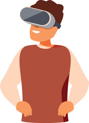 Young man wearing vr headset is exploring virtual reality and enjoying immersive experience