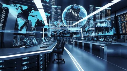 Futuristic Control Room with Global Data Displays and Holographic Earth - Powered by Adobe