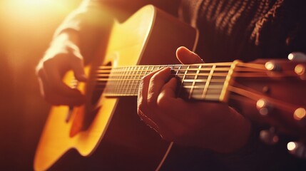 Naklejka premium Strumming guitar melodies intimate music venue photography warm lighting close-up view artistic expression