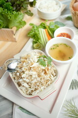 Delicious gourmet crab meat and rice, a complete meal beautifully presented with a variety of fresh ingredients. The image focuses on healthy, nutritious, and appealing culinary composition.