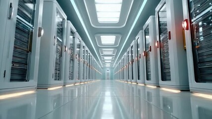Digital Data Fortress: A futuristic server room with rows of powerful server cabinets, signifying the essence of data storage, processing and the backbone of modern information technology. - Powered by Adobe