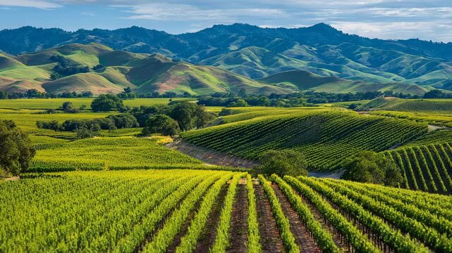 Ultra HD Rolling hills of a vineyards video, hilly agricultural crops video, mountain agricultural fields video