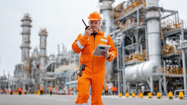 Industrial Operator on the Job: A focused operator, clad in vibrant safety attire, diligently communicates via radio, with a tablet in hand, amidst an expansive industrial complex.