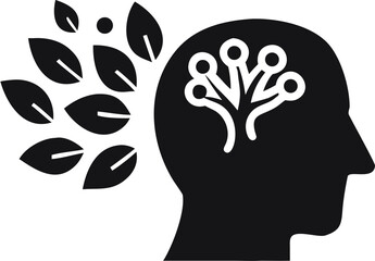 Silhouette of a head with leaves and a tree like structure inside symbolizing growth and knowledge gain | editable eps vectors