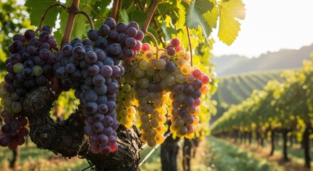 Bunches of colorful grapes ripening on a vine in a sunny vineyard during morning golden hour