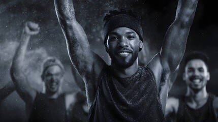 Athletes celebrate victory with raised arms in a dust filled atmospheric setting