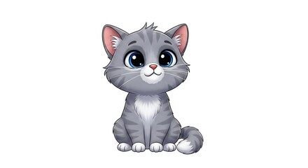 Fototapeta premium Adorable cartoon gray tabby kitten with big blue eyes sitting on white background
