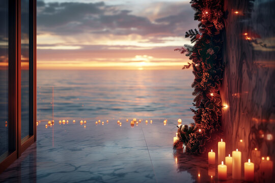 Romantic oceanfront terrace at sunset with glowing candles and floral decor, luxurious evening ambiance with copy space - Powered by Adobe