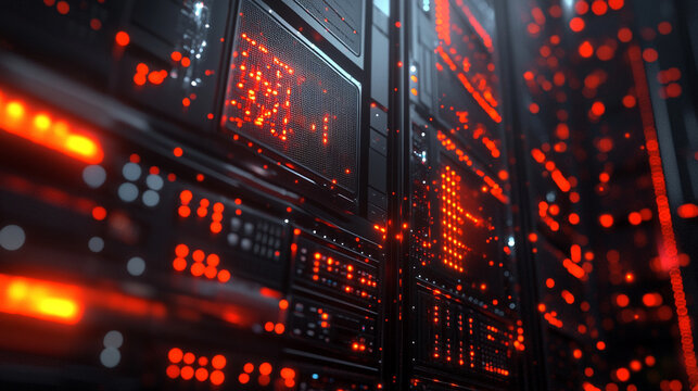 server racks glow in darkness, highlighting futuristic data centers, digital infrastructure, and the energy of modern technology in an immersive, high-tech scene